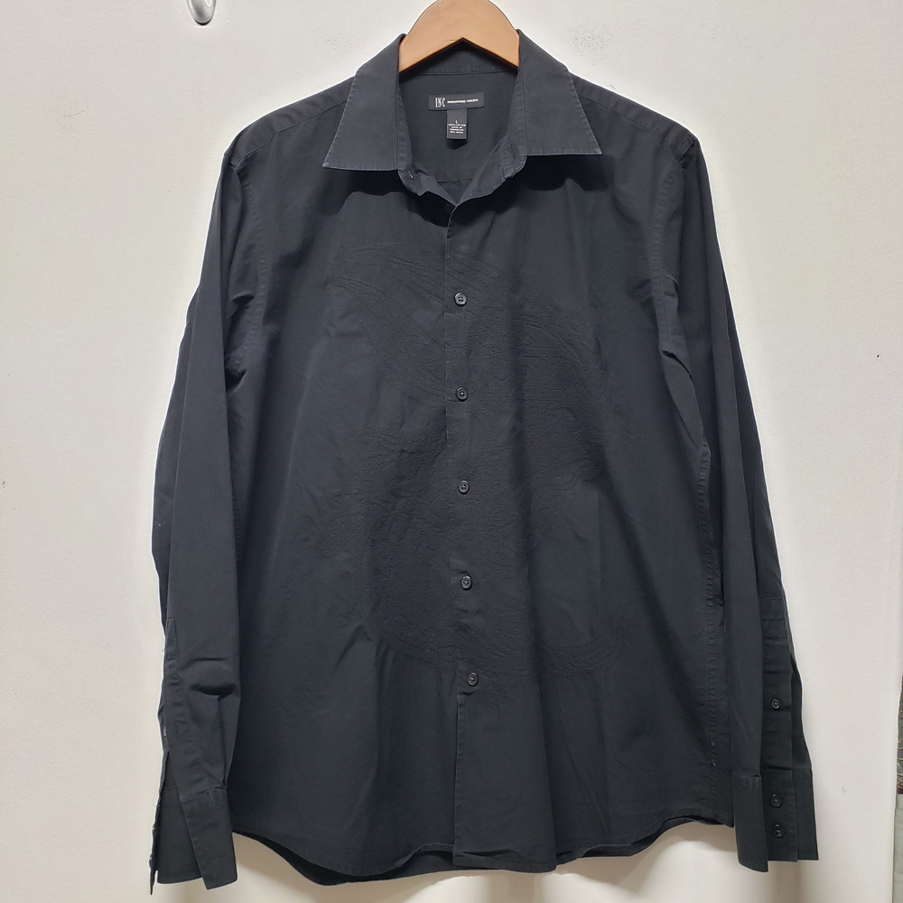 INC Mens Button Up Long Sleeve Shirt Large Black Embroidered Detail Front Cotton